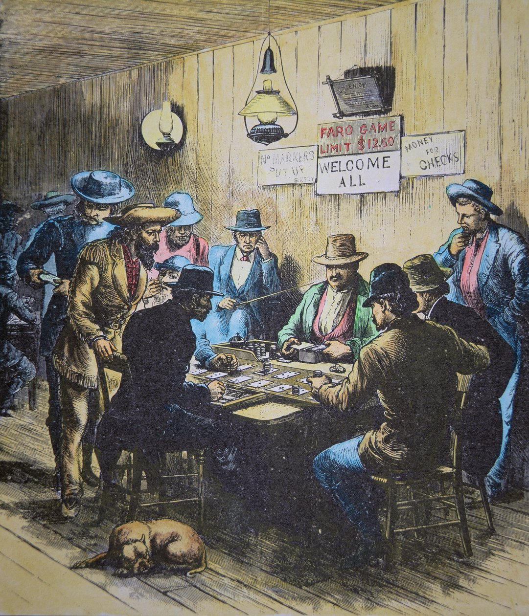 Spiller Faro i en salon i Cheyenne, Wyoming, ca. 1870 (farvet gravering) af American School