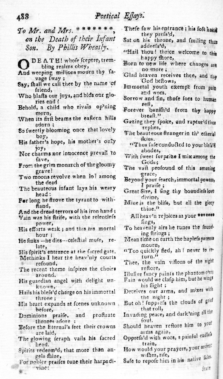 Digt skrevet til et par om deres barns død af Phillis Wheatly, udgivet i Boston Magazine, 1783-84 (tryk) af American School