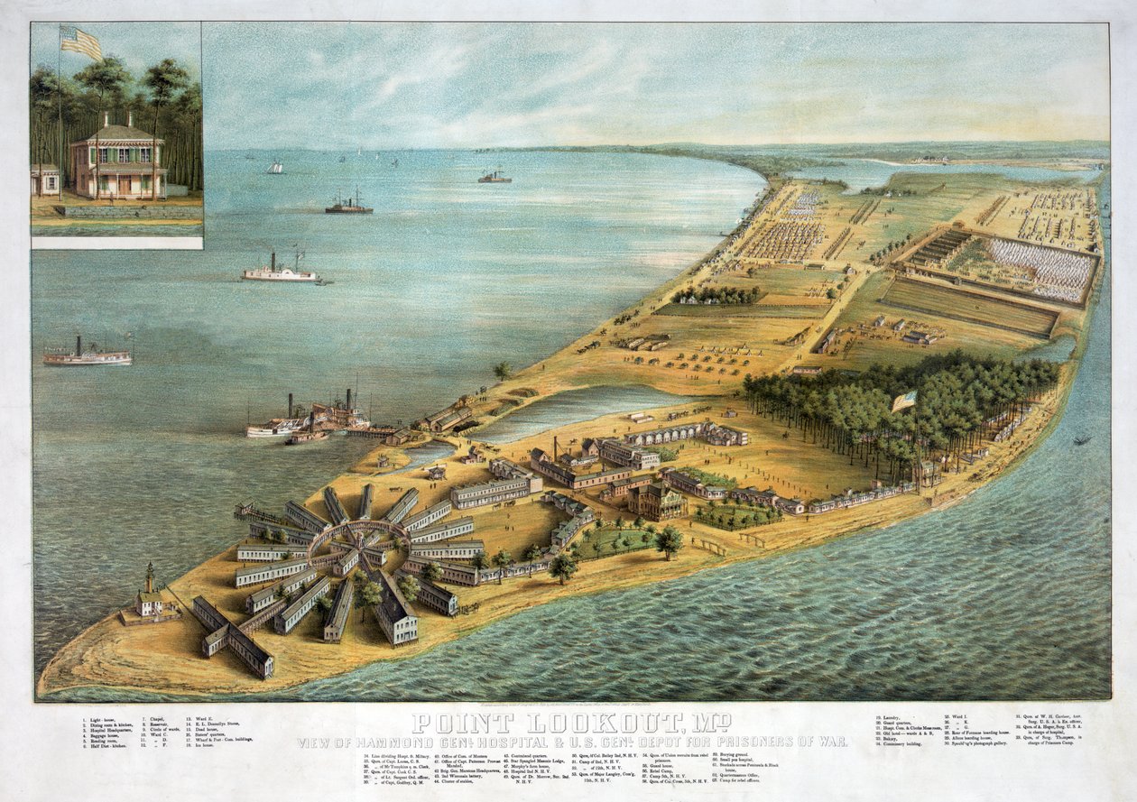 Point Lookout, MD - Udsigt over Hammond General Hospital og U.S. General Depot for Prisoners of War, pub. 1864 af American School