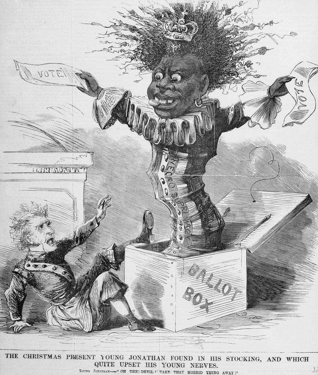 Politisk tegneserie, der skildrer præsident Andrew Jackson (1767-1845), der er skræmt over udsigten til den sorte stemme i Amerika af American School
