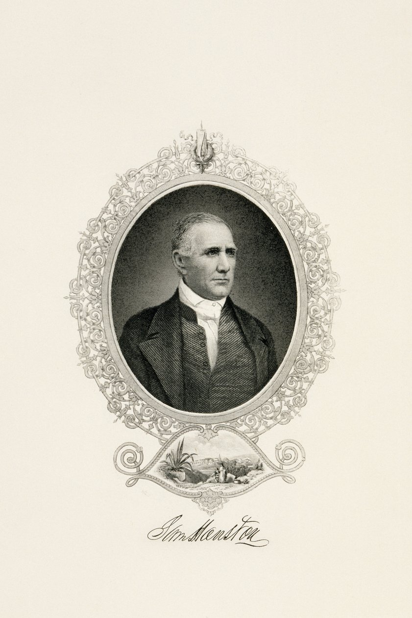 Portræt af Sam Houston med udsigt over byen, ca. 1855-c. 1860 (stålbelagt gravering på vævet papir) af American School