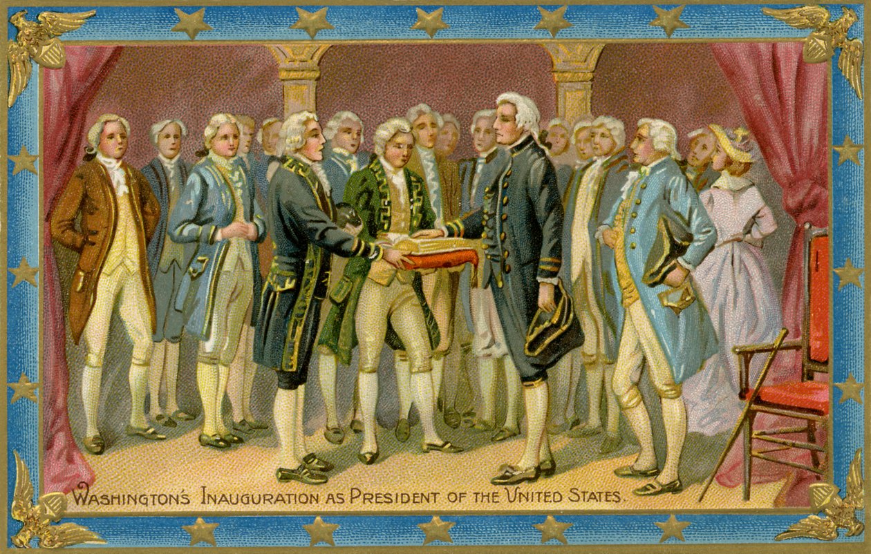 Postkort, der viser George Washingtons præsidentindsættelse (tryk) af American School