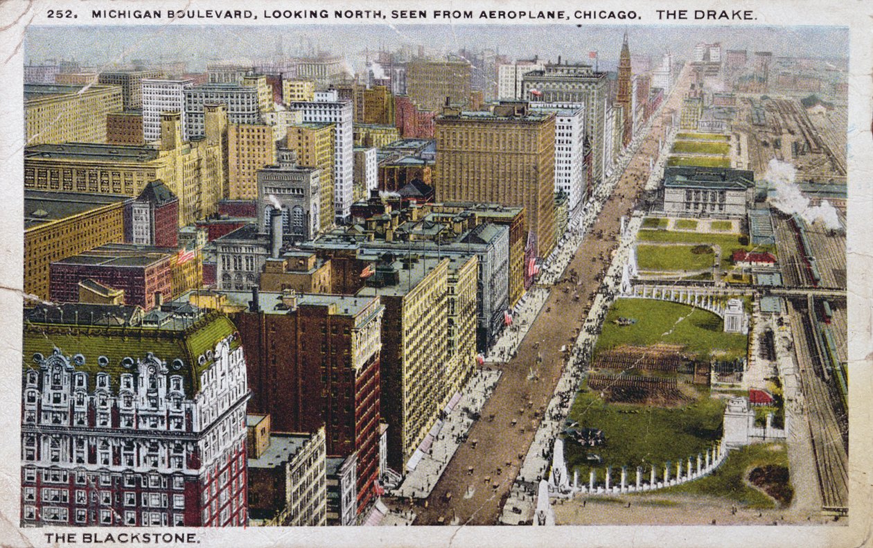 Postkort, der forestiller Michigan Boulevard, Chicago, ca. 1930 af American School