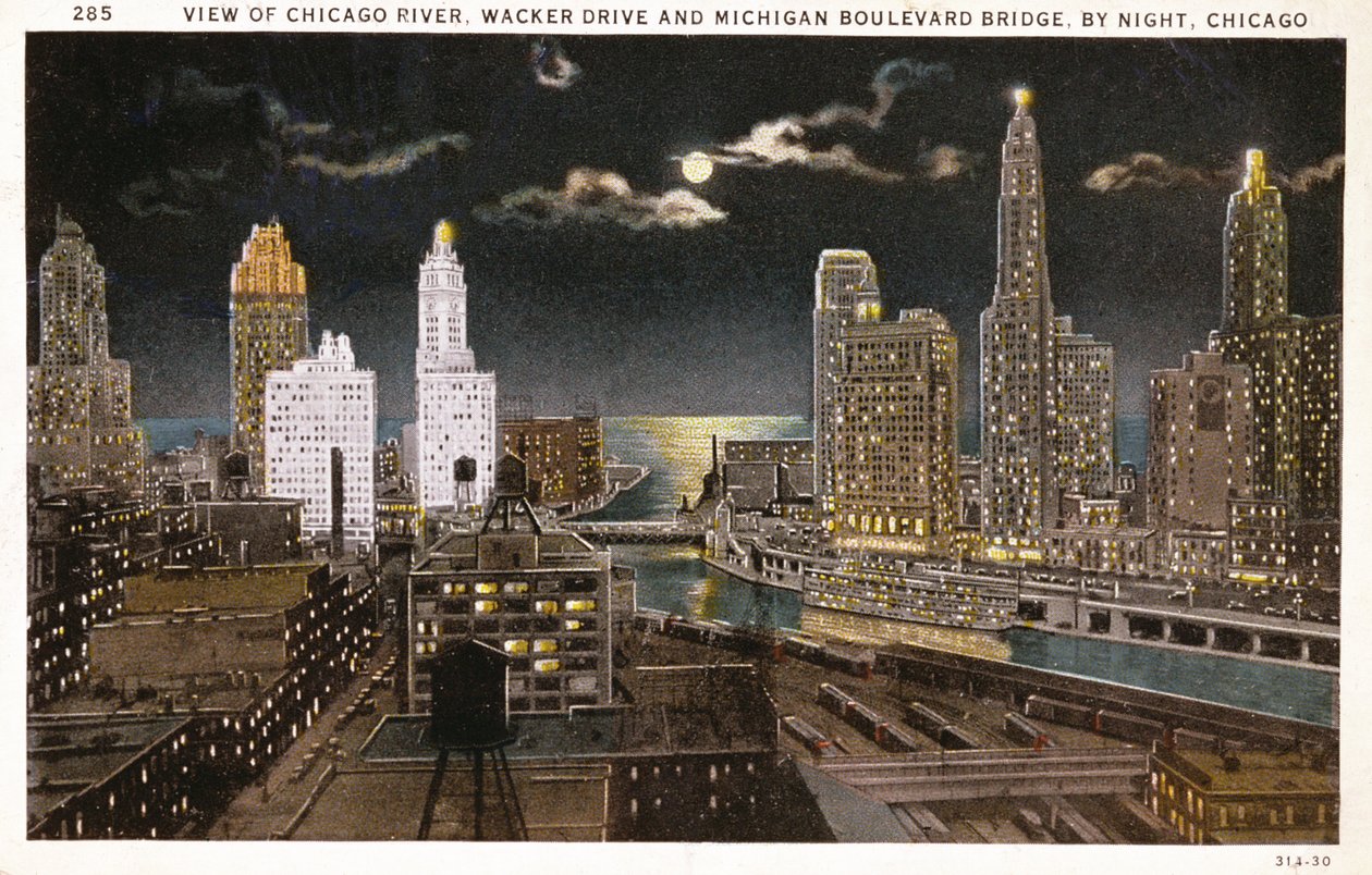 Postkort af Chicago by night, ca. 1930 af American School