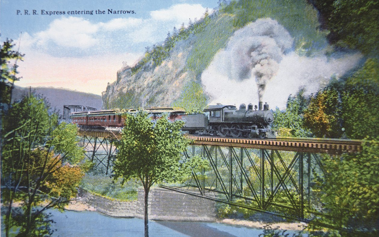 Postkort af en Pennsylvania Railroad Express på vej ind i Narrows ved Cumberland, Maryland, ca. 1910 (farve litho) af American School