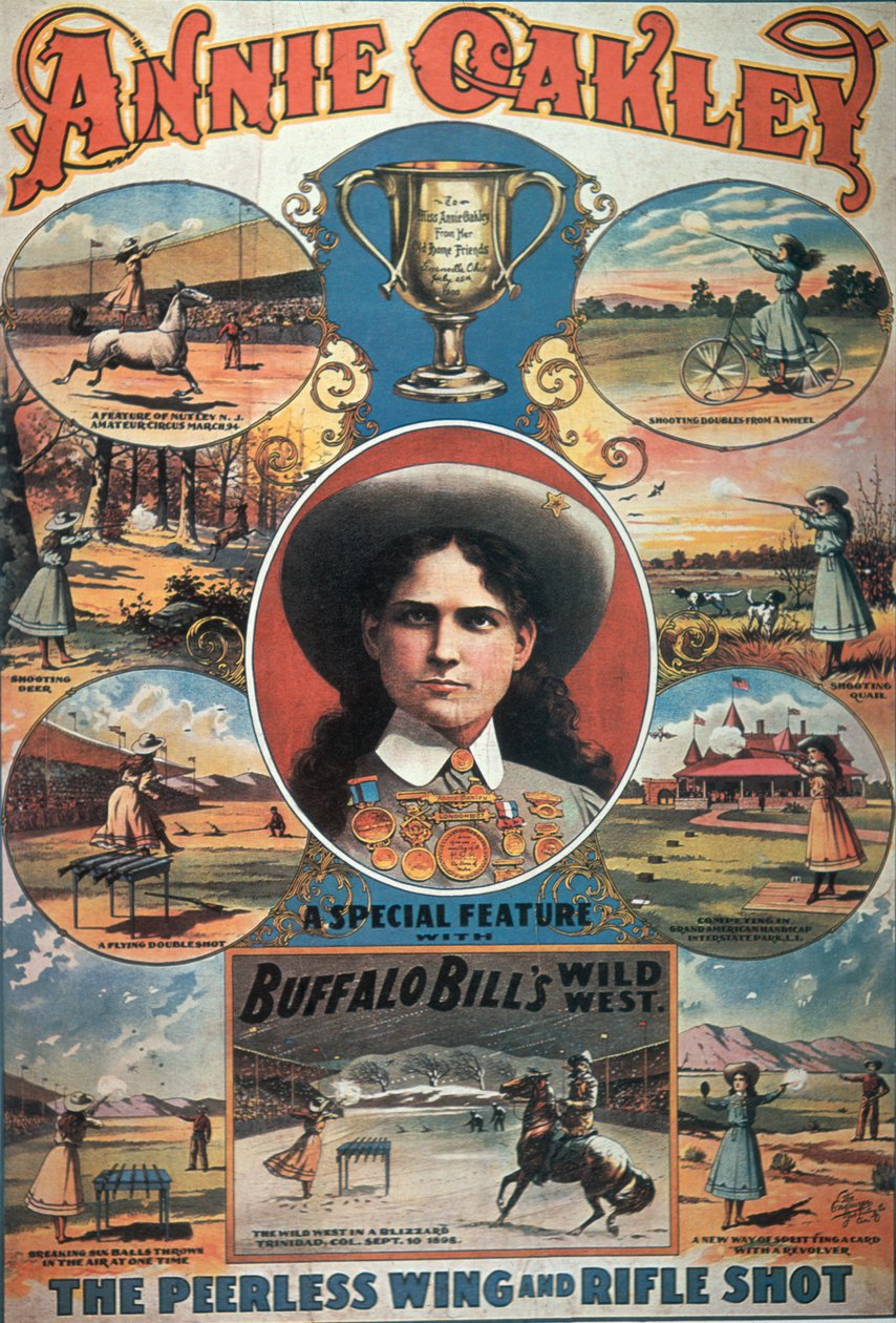 Plakat, der annoncerer Annie Oakley med i Buffalo Bills Wild West Show (farve litho) af American School