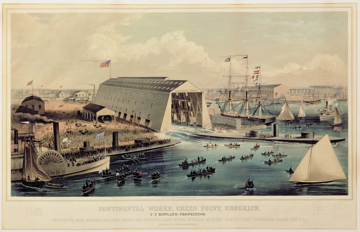 Plakat, der annoncerer Continental Works, Greenpoint Brooklyn, udgivet af Endicott & Co. af American School