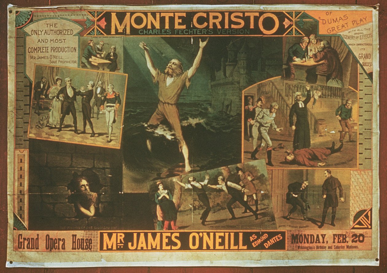 Plakat, der annoncerer for hr. James ONeill som Edmond Dantes, i Charles Fichter-versionen af Greven af Monte Cristo af American School