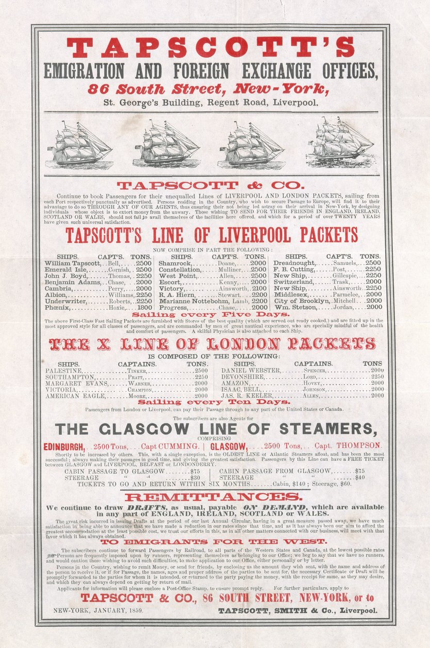 Plakatannoncering Tapscotts Emigration and Foreign Exchange Offices, New York, januar 1859 af American School