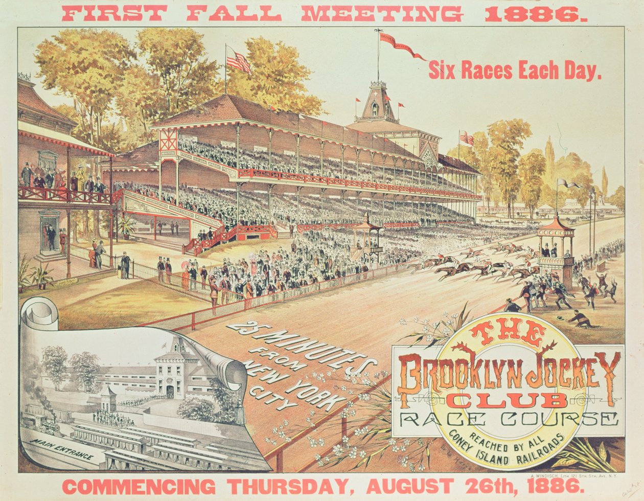 Plakat, der reklamerer for Brooklyn Jockey Club Race Course, 1886 af American School