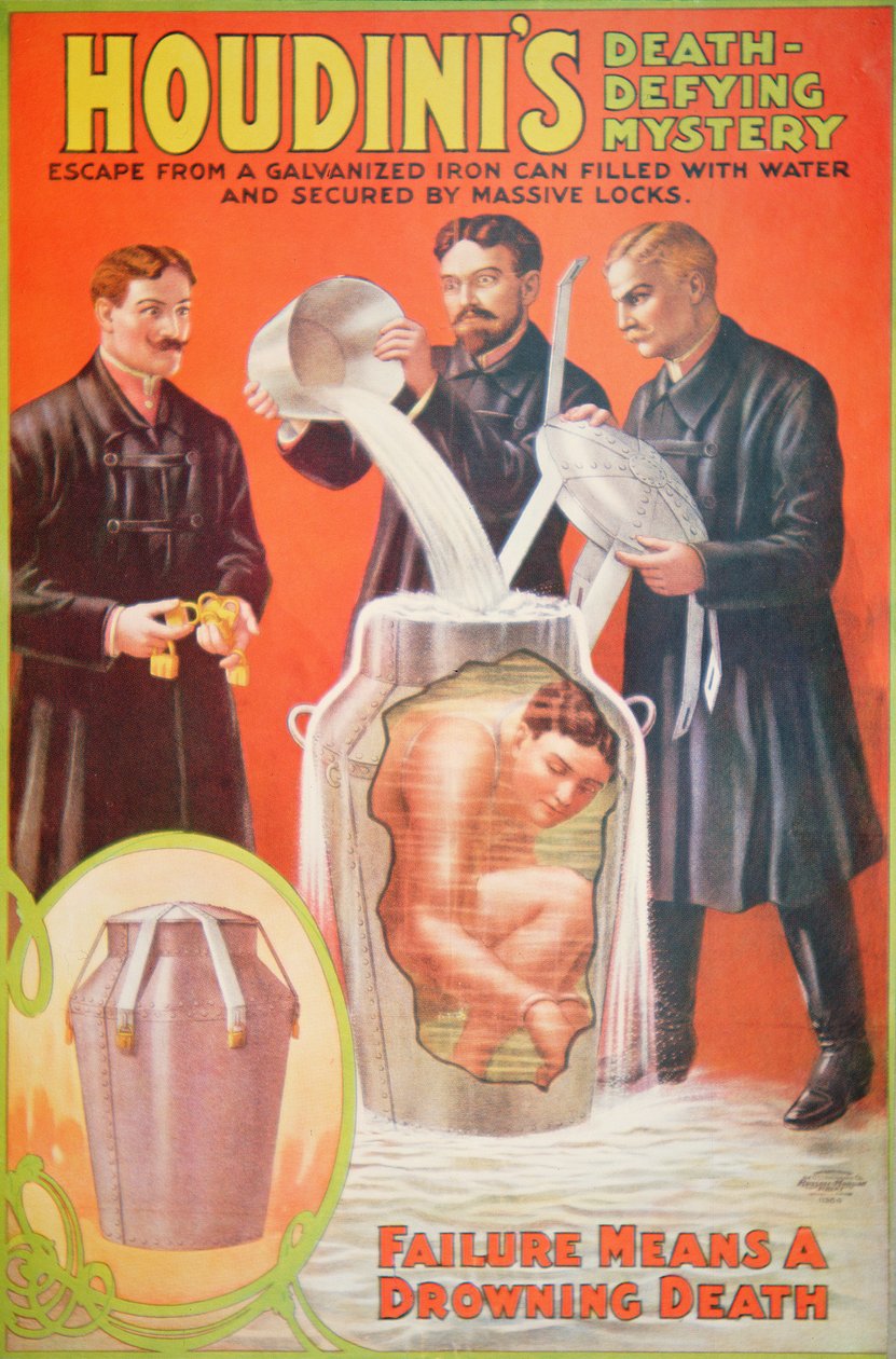 Plakat, der reklamerer for en ny handling af Houdini (farve litho) af American School