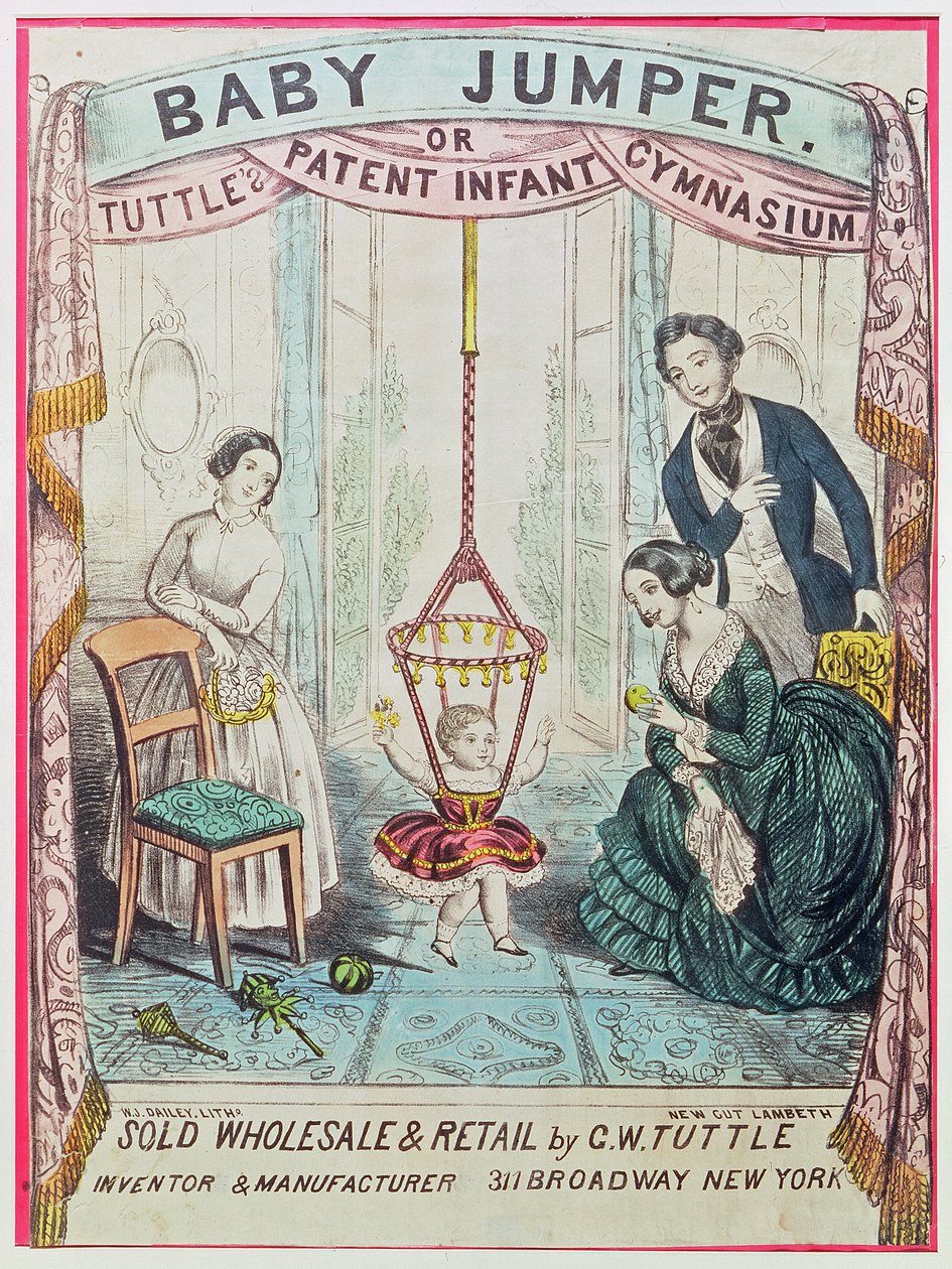 Plakat, der reklamerer for Baby Jumper eller Tuttes Patent Infant Gym, udgivet af W.J. Dailey af American School