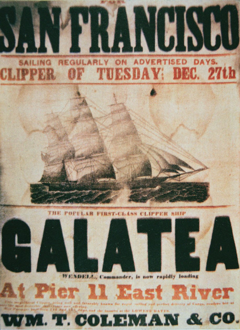Plakat, der reklamerer for ruten fra New York til San Francisco for klippeskibet 