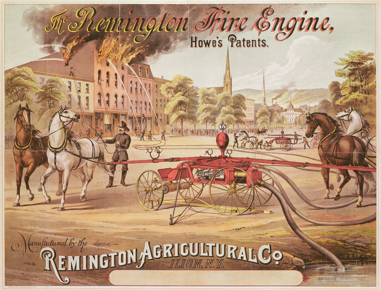 Plakat, der reklamerer for Remington Fire Engine fremstillet af Remington Agricultural Company, ca. 1890 af American School