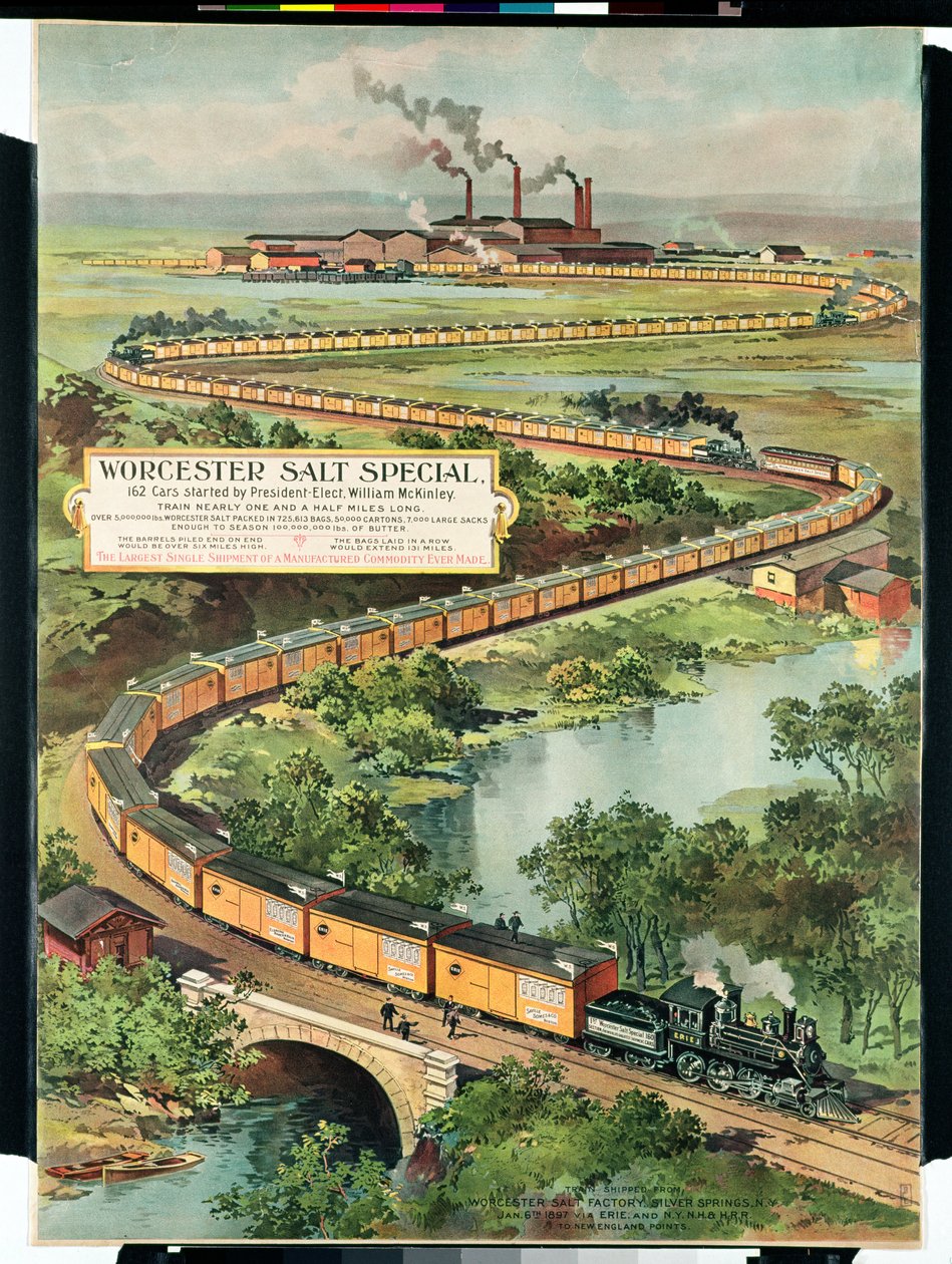 Plakat, der reklamerer for Worcester Salt Special, 162 biler startet af præsident-elect McKinley, 1897 af American School