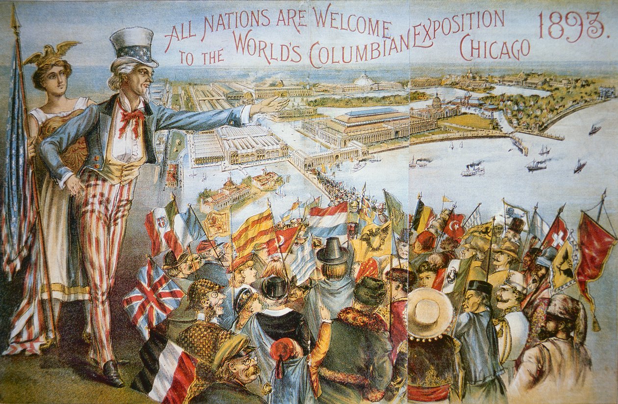 Plakat, der reklamerer for verdens colombianske udstilling, Chicago 1893 (farve litho) af American School