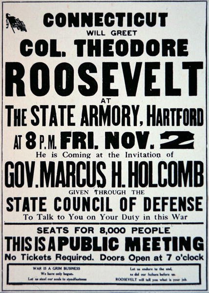 Plakat, der annoncerer et møde for tilhængere af Amerikas indtræden i WWI af American School
