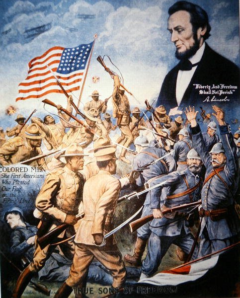 Plakat, der hylder afroamerikanske soldaters heltemod under 1. Verdenskrig (farve litho) af American School