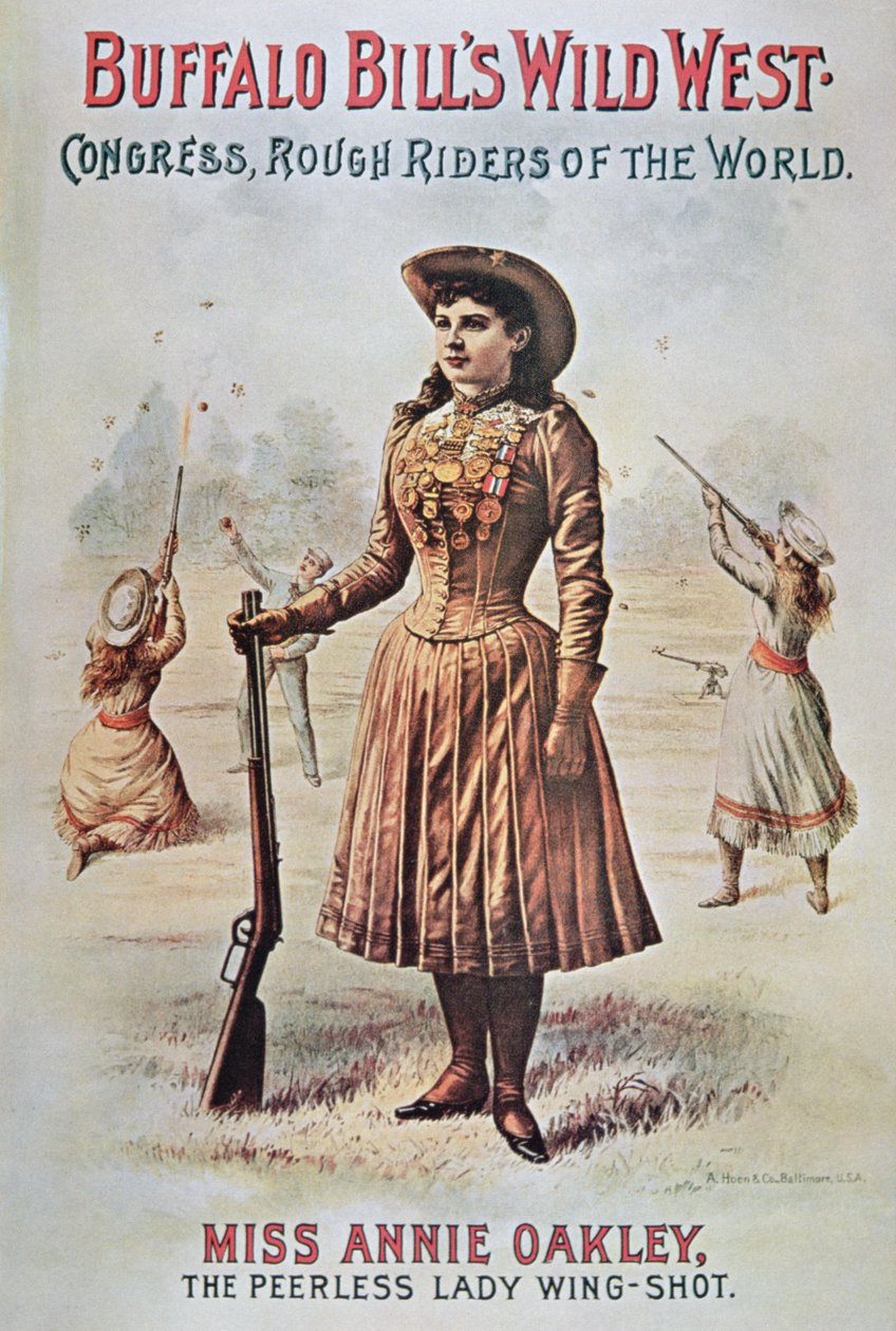 Plakat for Buffalo Bills (1846-1917) Wild West Show, med Annie Oakley (1860-1926) ca. 1899 (farve litho) af American School