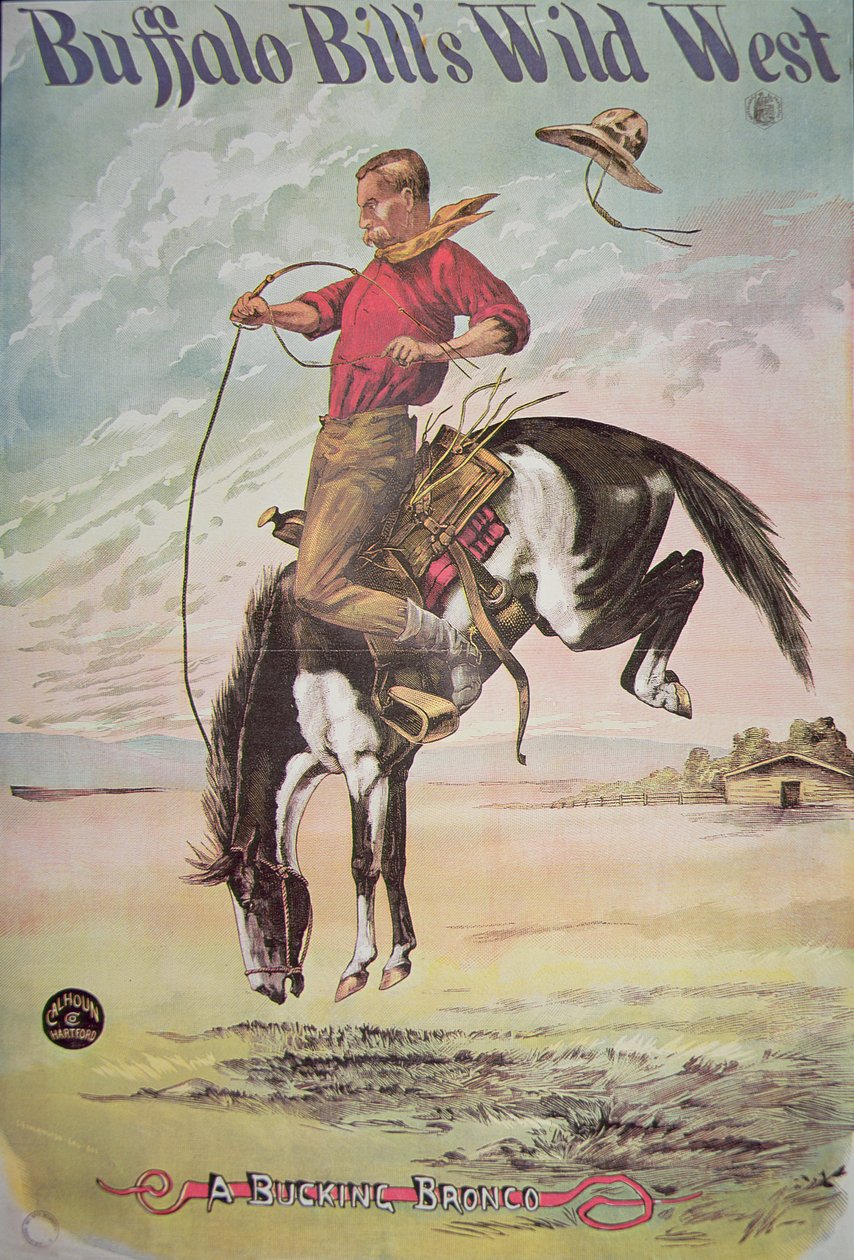 Plakat af en bucking bronco, til Buffalo Bills (1846-1917) Wild West Show, ca. 1885 (farvelitografi) af American School