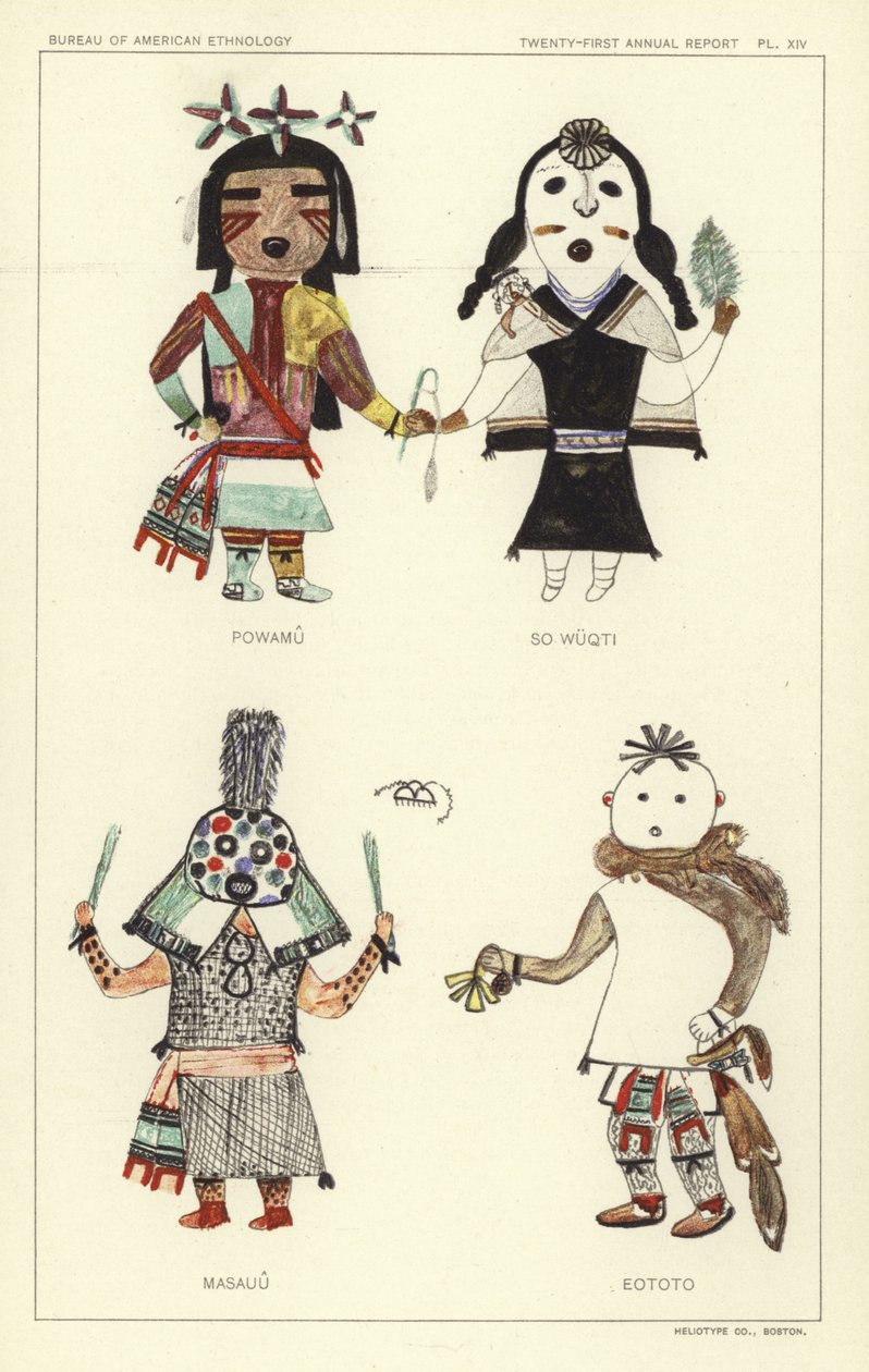 Powamu, So Wuqti, Masauu, Eototo (farvelitografi) af American School
