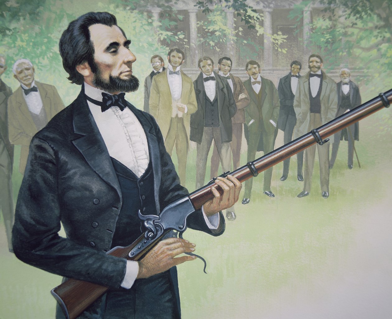 Præsident Abraham Lincoln prøveskyder Spencers syvskuds repeterriflen i august 1863 (farve litho) af American School