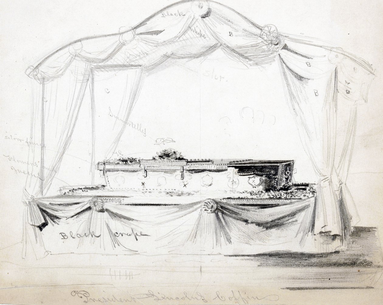 Præsident Abraham Lincolns kiste ligger i staten i Det Hvide Hus, Washington D.C., april 1865 (blyant, blæk og vask på papir) af American School