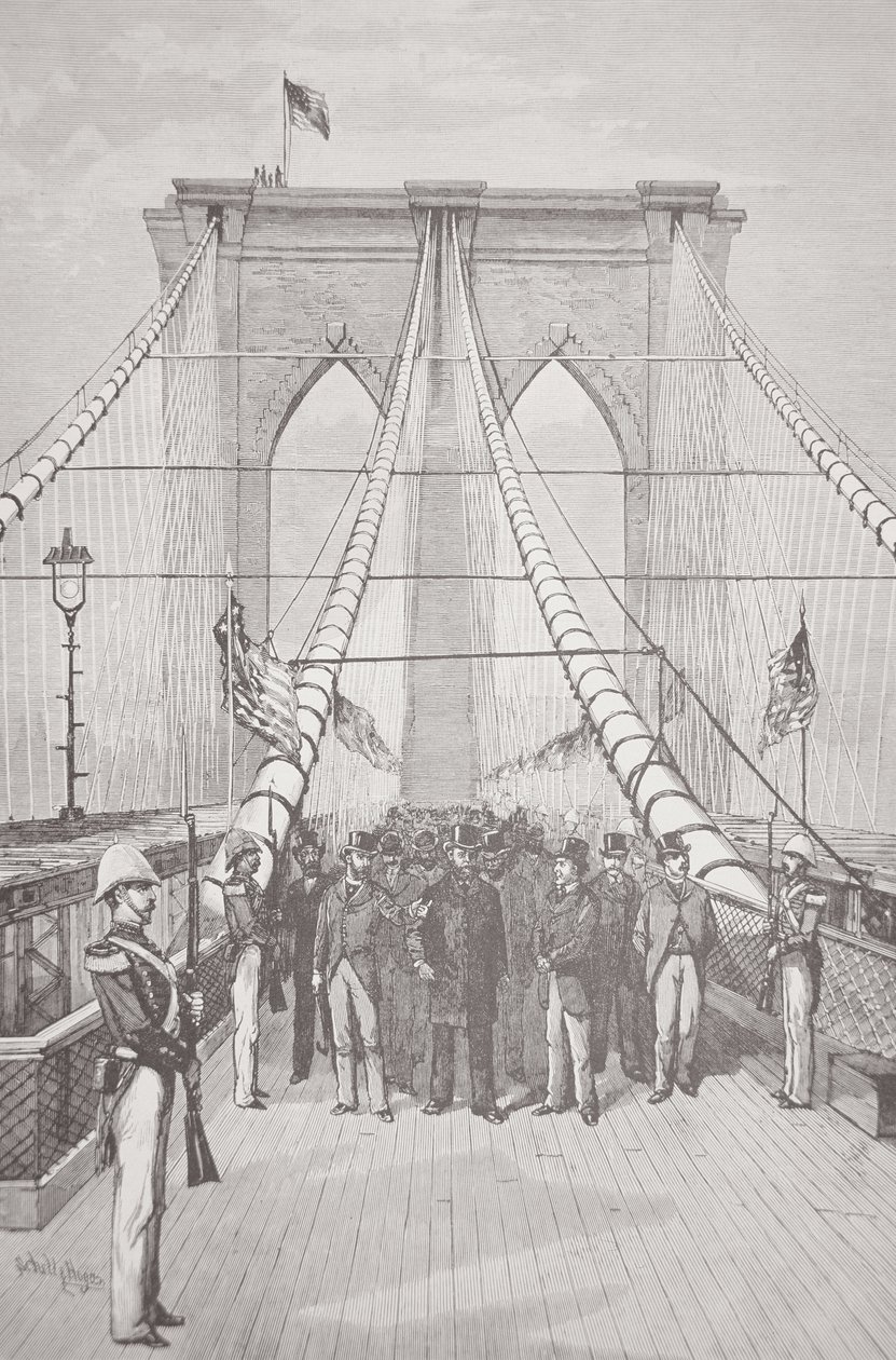 Præsident Chester A. Arthur ved åbningsceremonien for den nye Brooklyn Bridge, 24. maj 1883 (litho) af American School