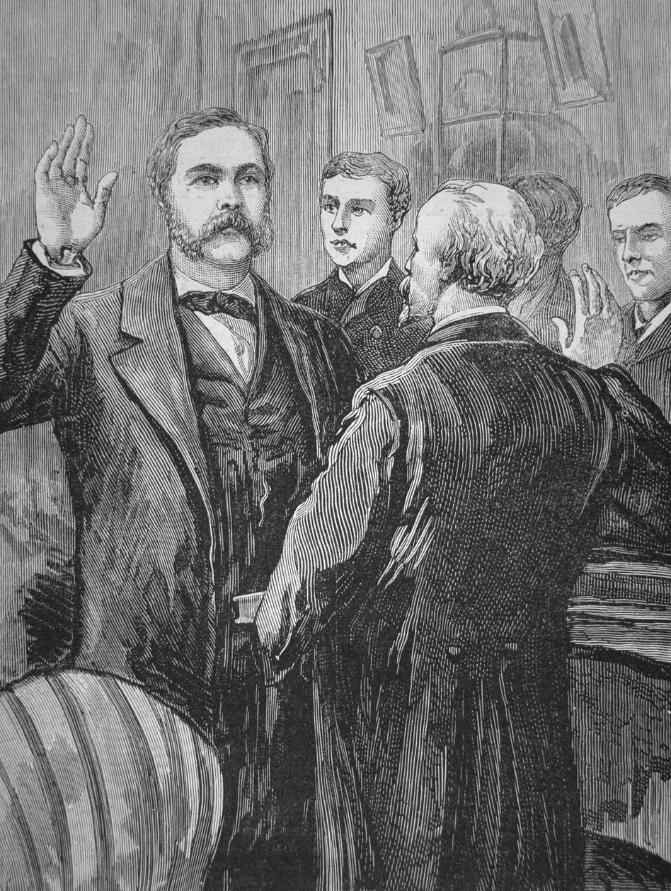 Præsident Chester A. Arthur aflagde embedsed efter James Garfields død den 20. september 1881 (litho) af American School