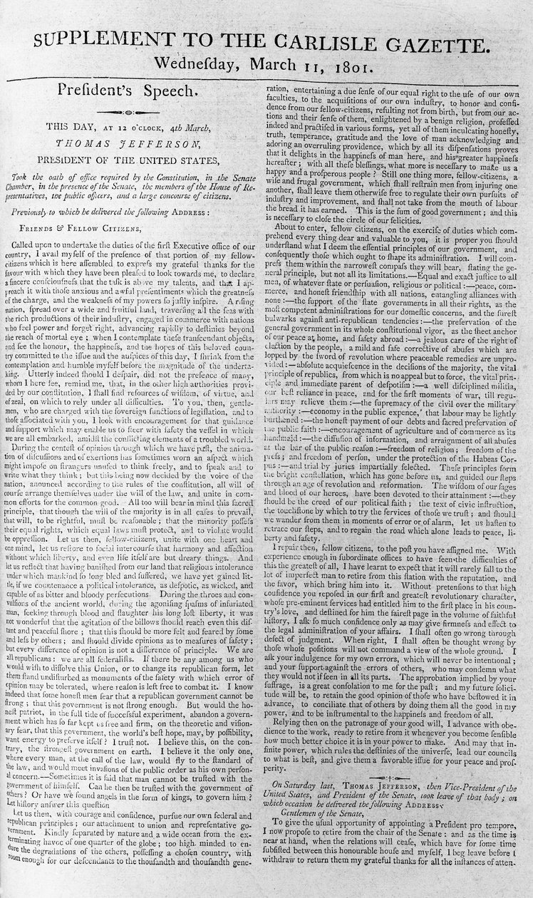 Præsident Jeffersons åbningstale, Supplement til Carlisle Gazette, 11. marts 1801 af American School