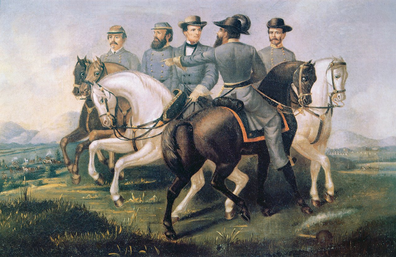 Præsident for de konfødererede stater under den amerikanske borgerkrig med sine generaler (olie på lærred) af American School