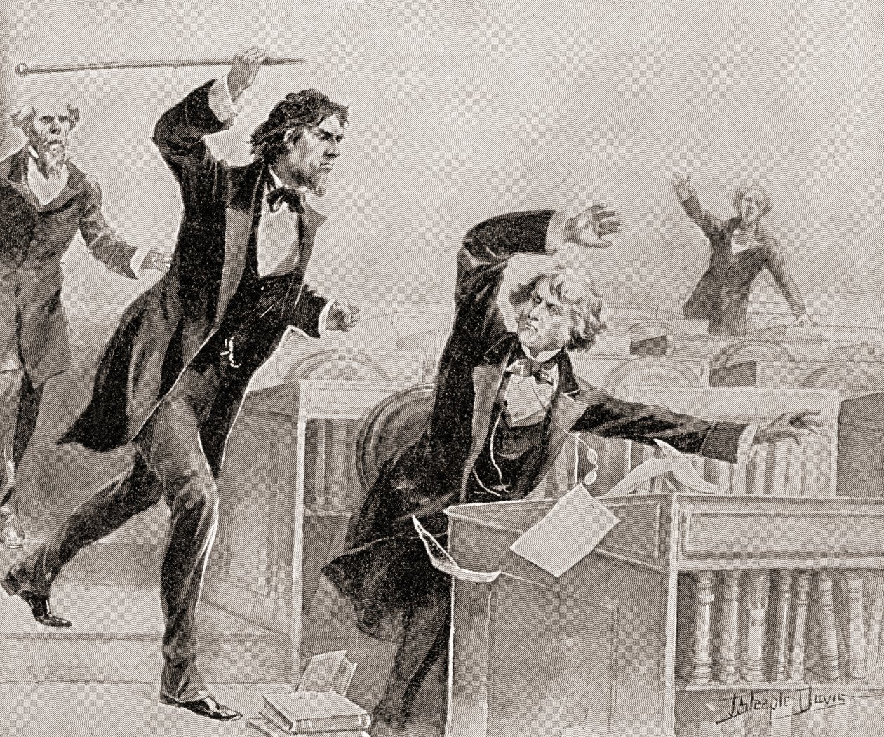 Preston Smith Brooks, en ivrig fortaler for slaveri, overfaldt senator Charles Sumner, en abolitionist, med en stok på gulvet i det amerikanske senat den 22. maj af American School