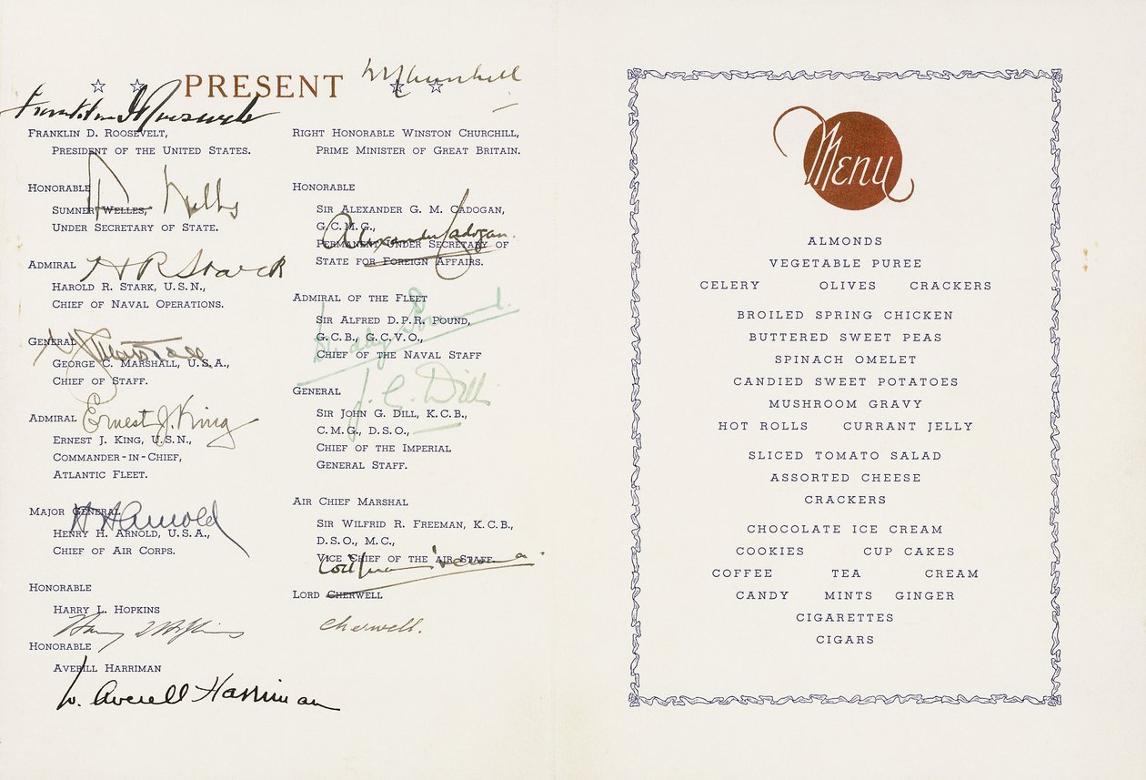 Printed menu signed by Winston Churchill and Franklin D. Roosvelt, U.S Flagship Augusta, Ship