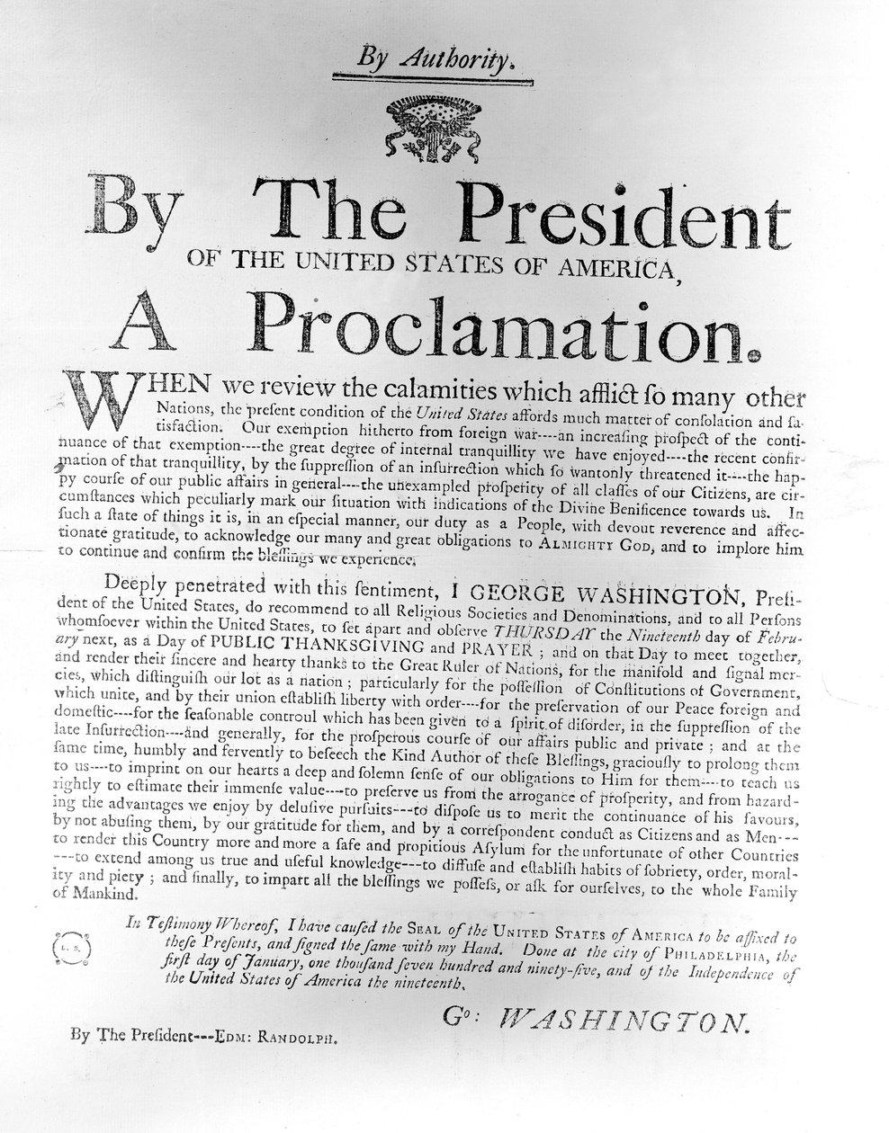 Proklamation fra præsident George Washington (1732-99), der udskrev torsdag den 19. februar som en dag med offentlig taksigelse og bøn, 1795 (avispapir) af American School