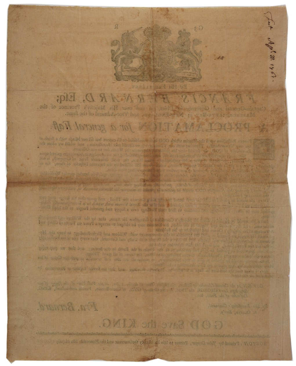 Proklamation i navnet på Francis Bernard, guvernør i Massachusetts Bay: annoncerer en fastedag under den franske og indiske krig, 8. april, 1761 af American School