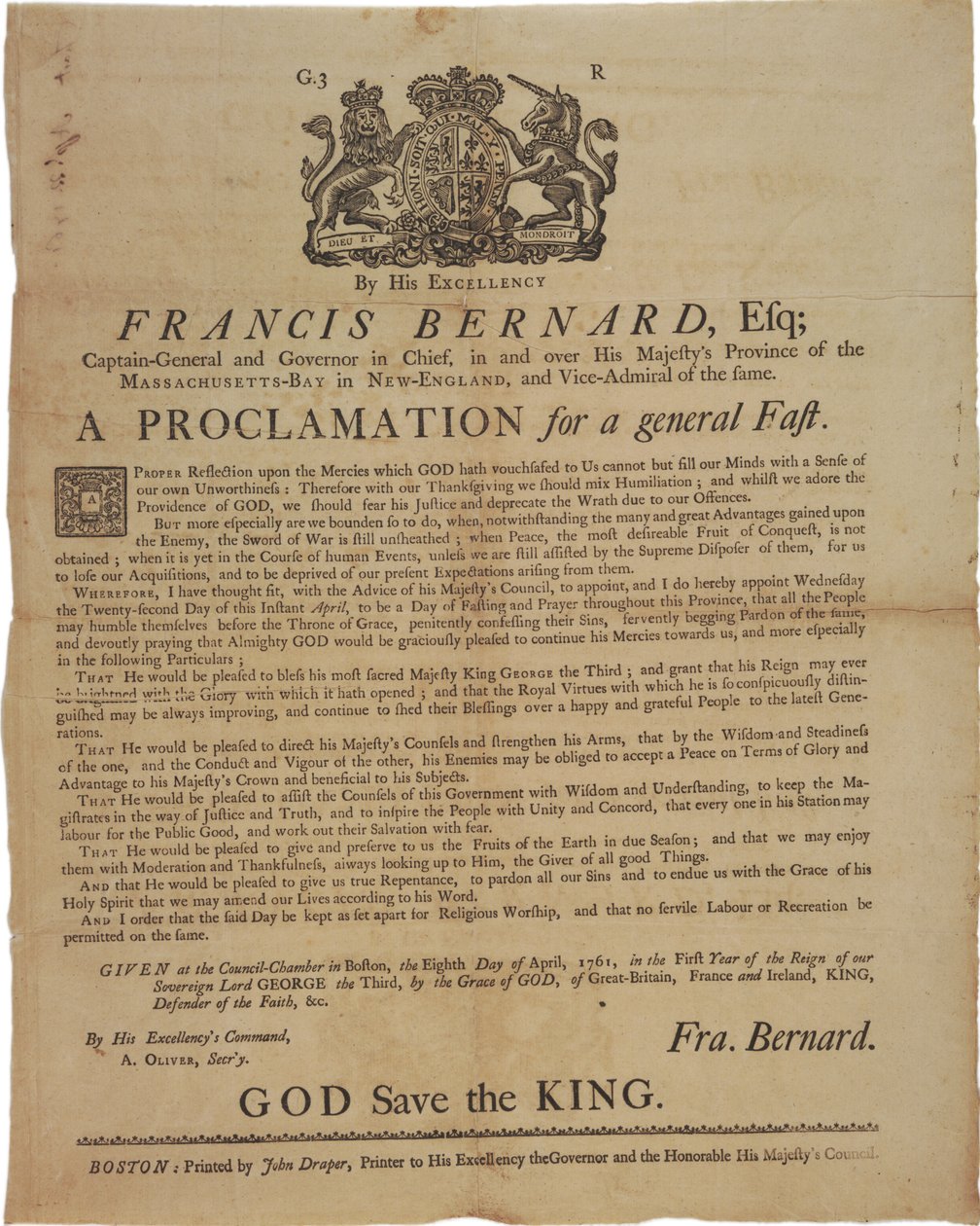 Proklamation i navnet på Francis Bernard, guvernør i Massachusetts Bay: annoncerer en fastedag under den franske og indiske krig, 8. april, 1761 af American School