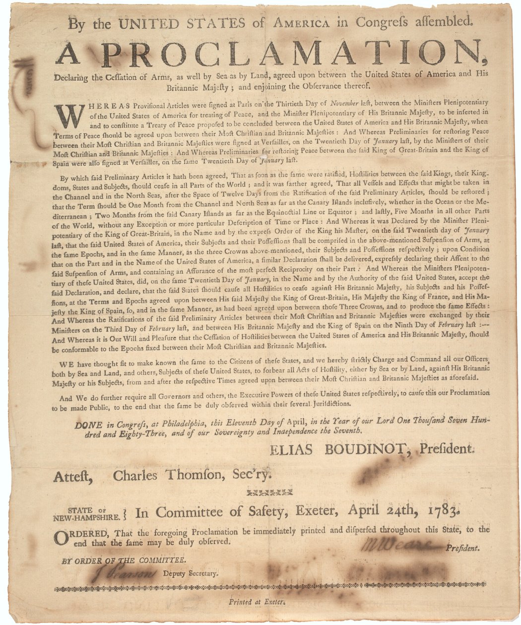 Proklamation af Kongressen, der erklærer ophør af våben og afslutning på krigen, 24. april 1783 af American School