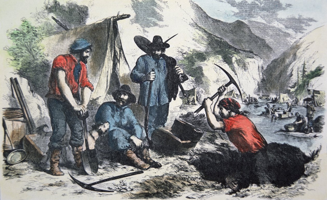 Guldgravere under den californiske guldfeber i 1849 (farve litografi) af American School