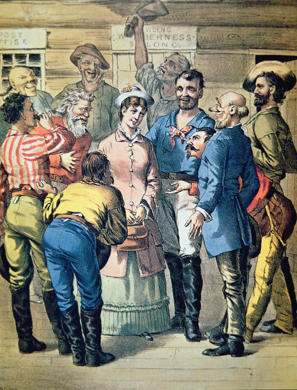 Prospektører samles om en kvinde i en guldlejr (farve litho) af American School