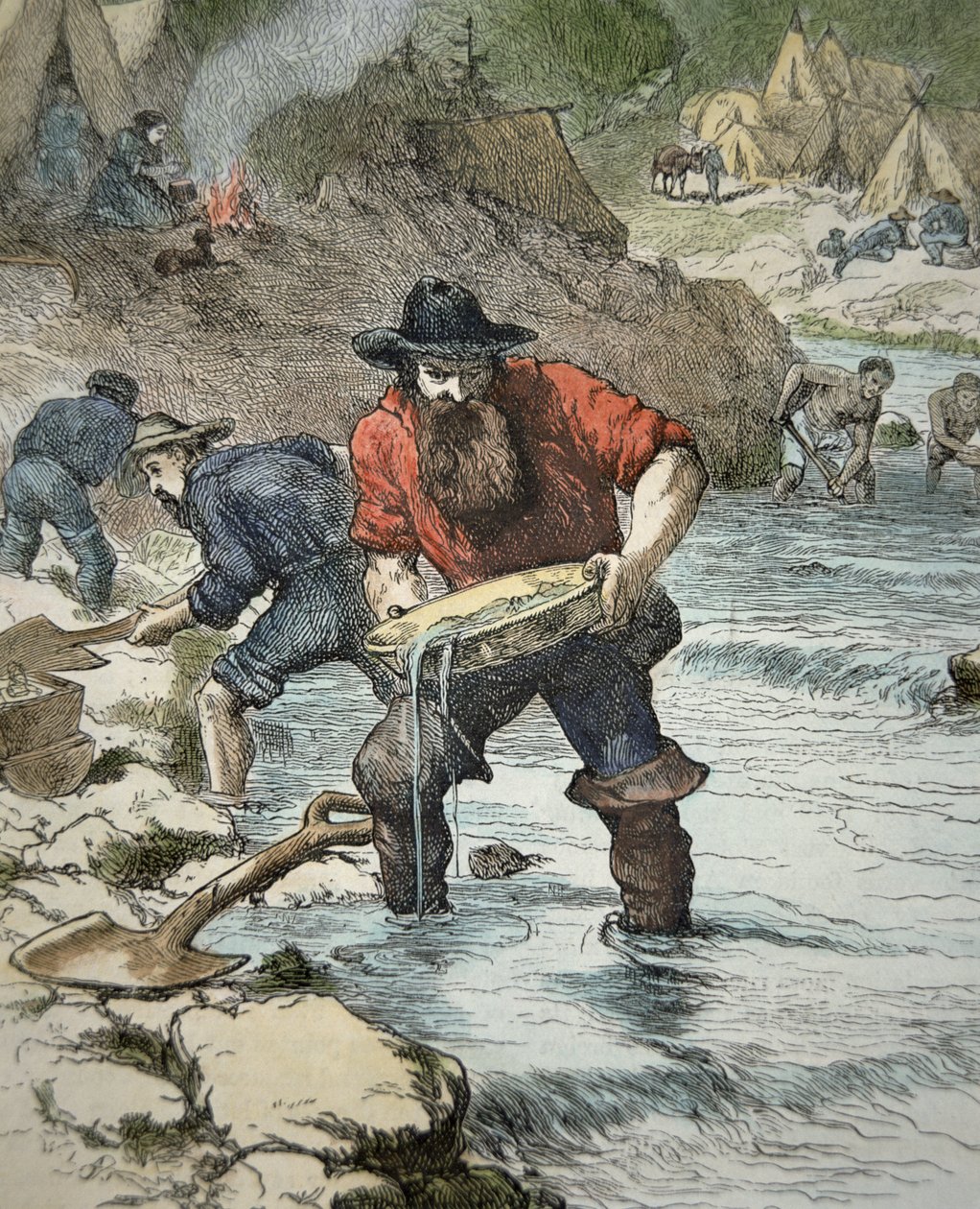 Prospektører, der panorerer efter guld under det californiske guldfeber i 1849 (farvet indgravering) af American School