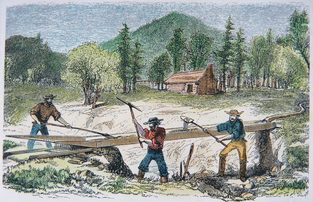 Prospektører ved hjælp af en sluse under guldfeberen i Californien i 1849 (farve litho) af American School