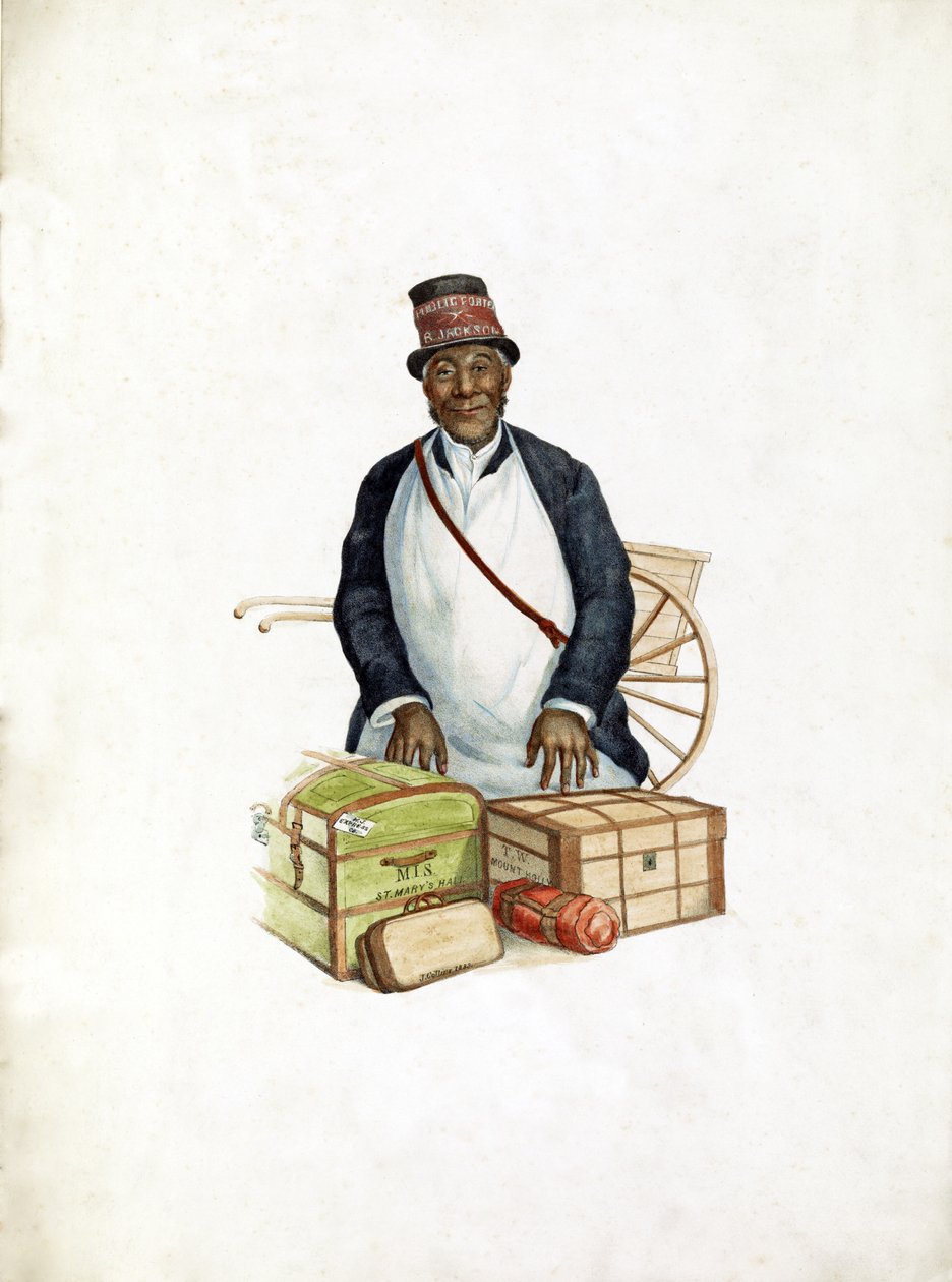 Offentlig portør B. Jackson, pub. 1883 (håndkoloreret gravering) af American School