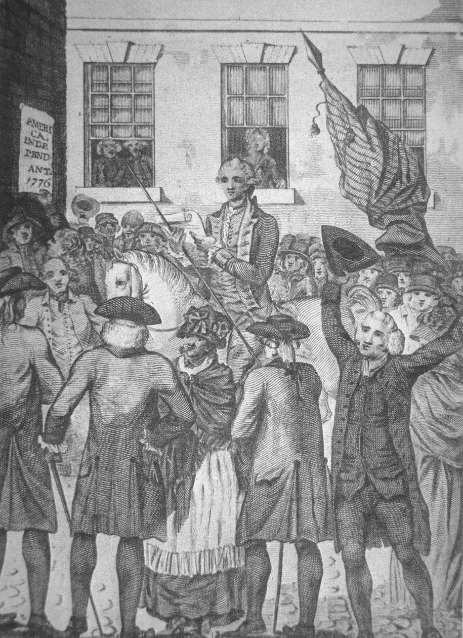 Læsning af uafhængighedserklæringen for offentligheden i 1776 (litho) af American School