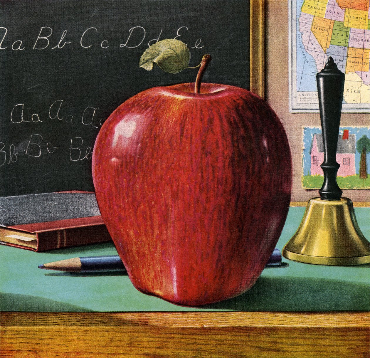 Red Delicious-æble på en lærers skrivebord af American School