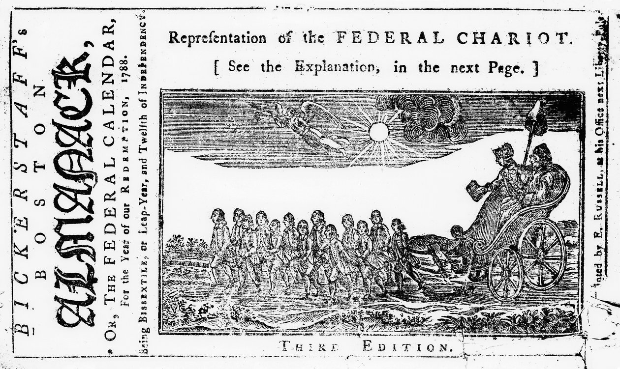 Repræsentation af Federal Chariot, forsideillustration fra Bickerstaffs Boston Almanack, udgivet 1788 af American School
