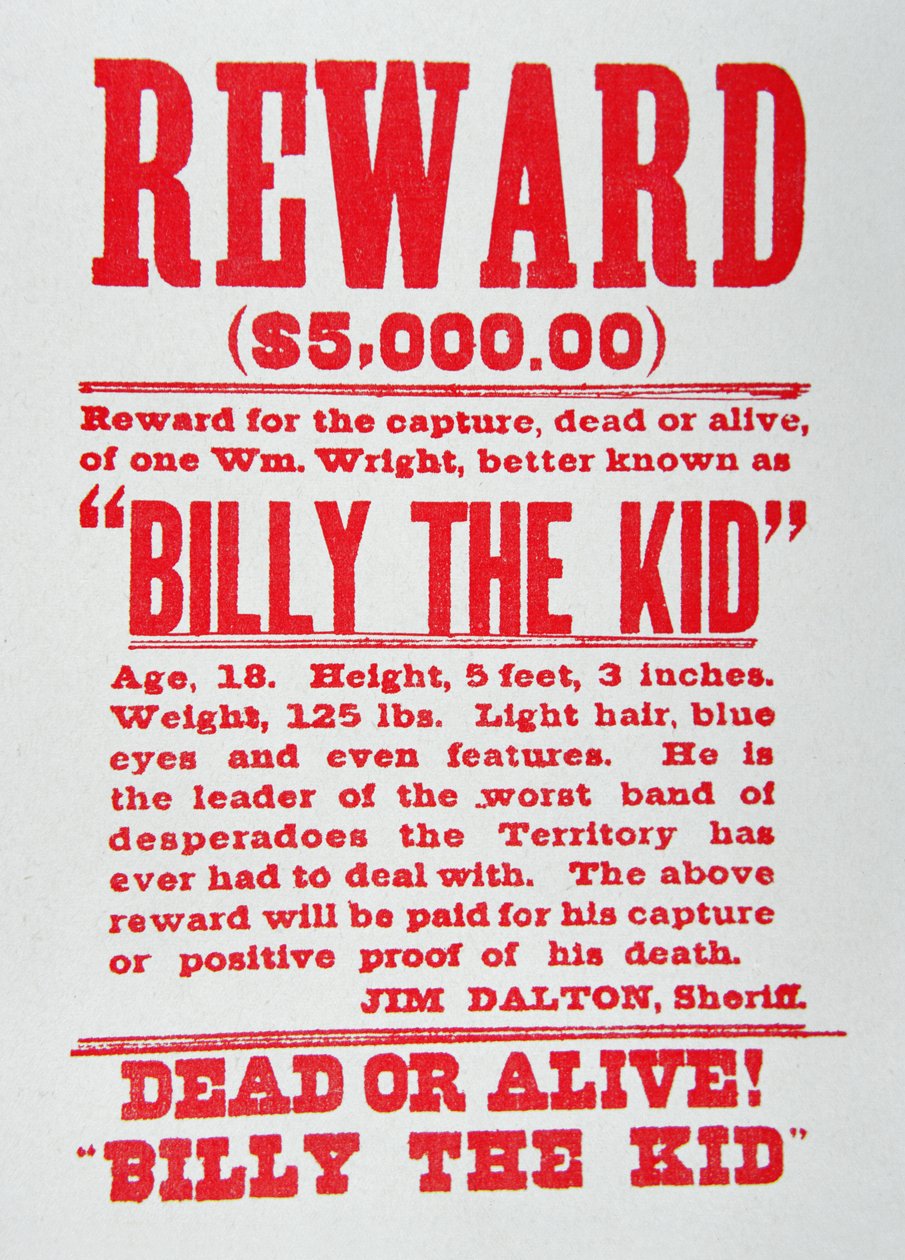 Belønningsplakat for Billy the Kid (1859-81) (litho) af American School