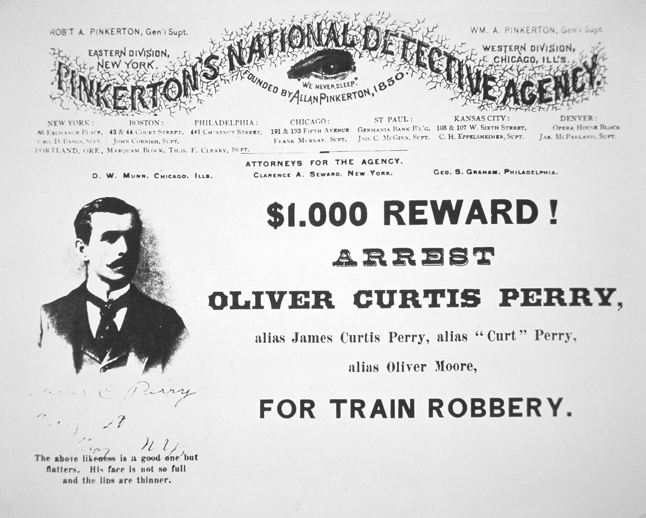 Belønningsplakat for anholdelsen af Oliver Perry udstedt af Pinkertons National Detective Agency af American School