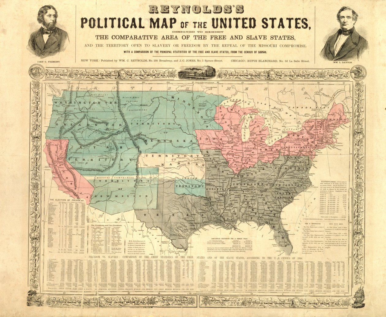 Reynoldss politiske kort over USA, ca. 1850 af American School