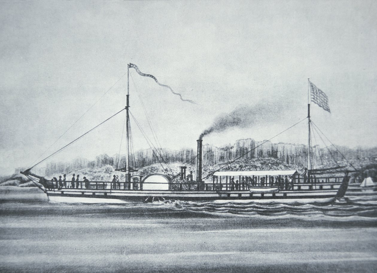 Robert Fultons dampbåd "Clermont", på Hudson River, New York af American School