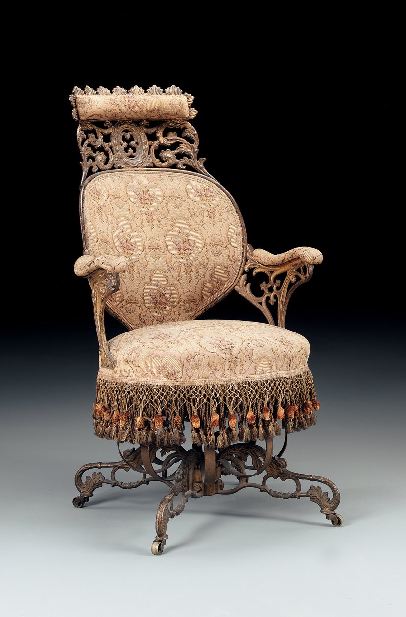 Rococo Revival malet og forgyldt centripetal lænestol i støbejern, fremstillet af American Chair Company, New York, ca. 1850 af American School